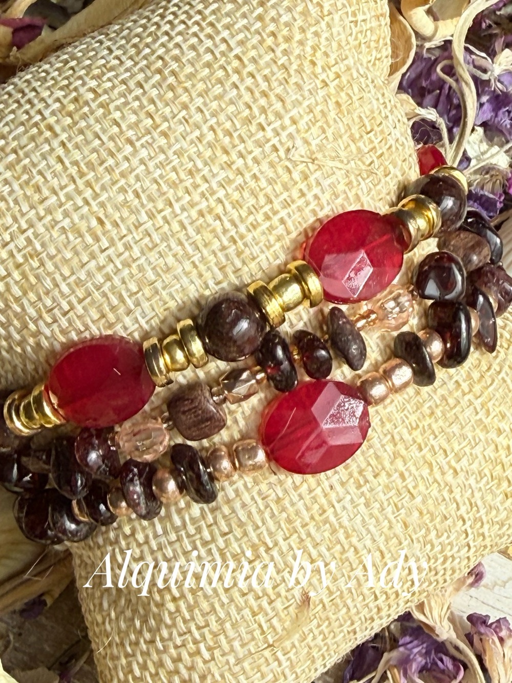 Garnet Ruby Red and Gold Multi-Strand Beaded Bracelet